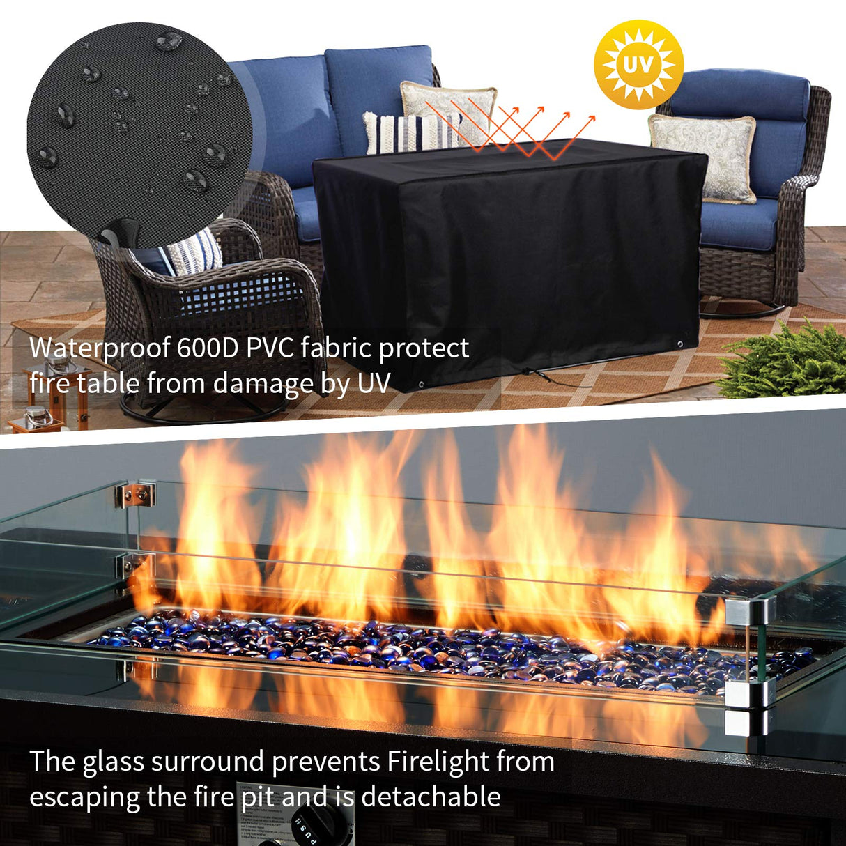 44in Gas Fire Pit 50,000 BTU Auto-Ignition Gas with Glass Wind Guard