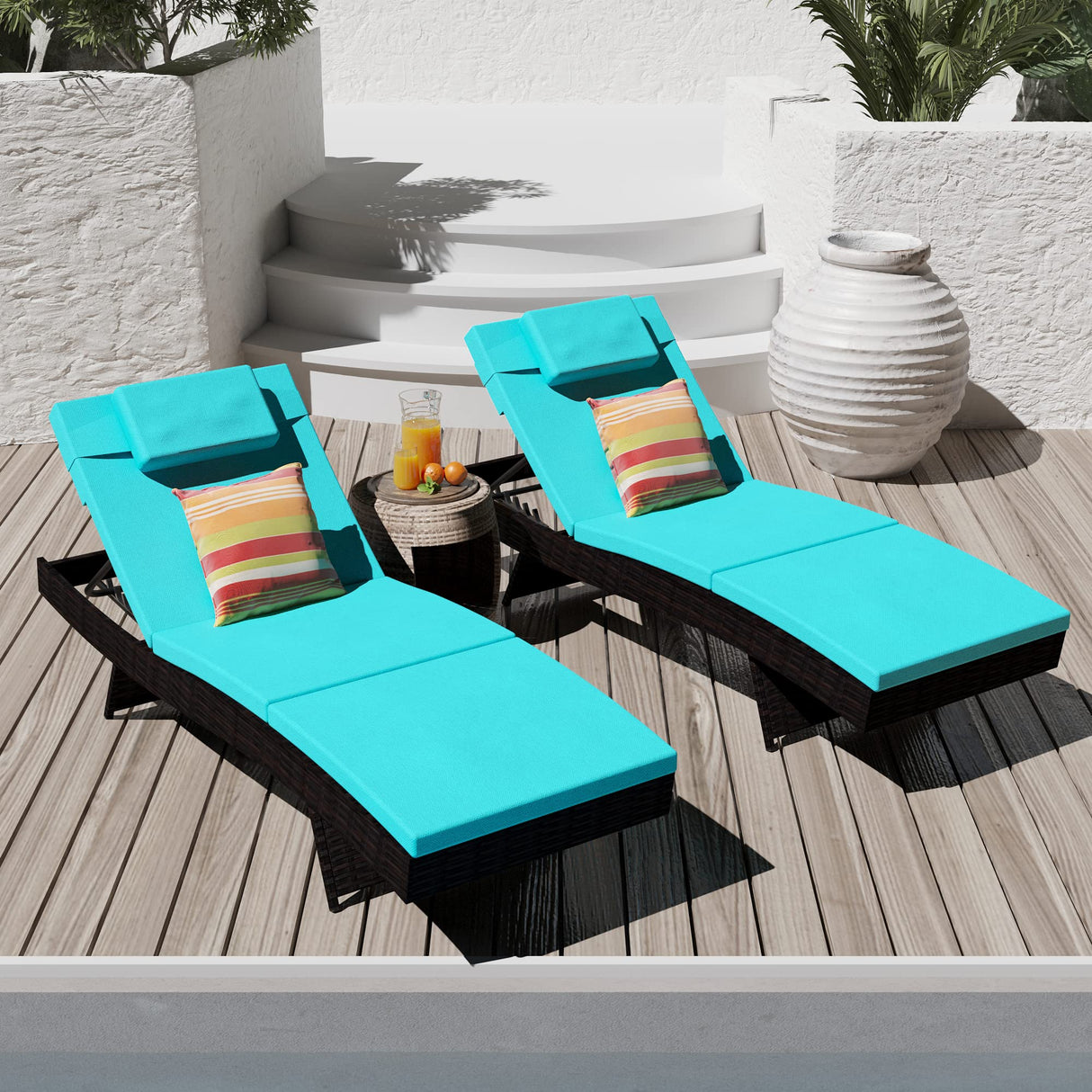 Chaise Lounge Set of 2, Rattan Wicker Patio Lounge Chairs for Outside