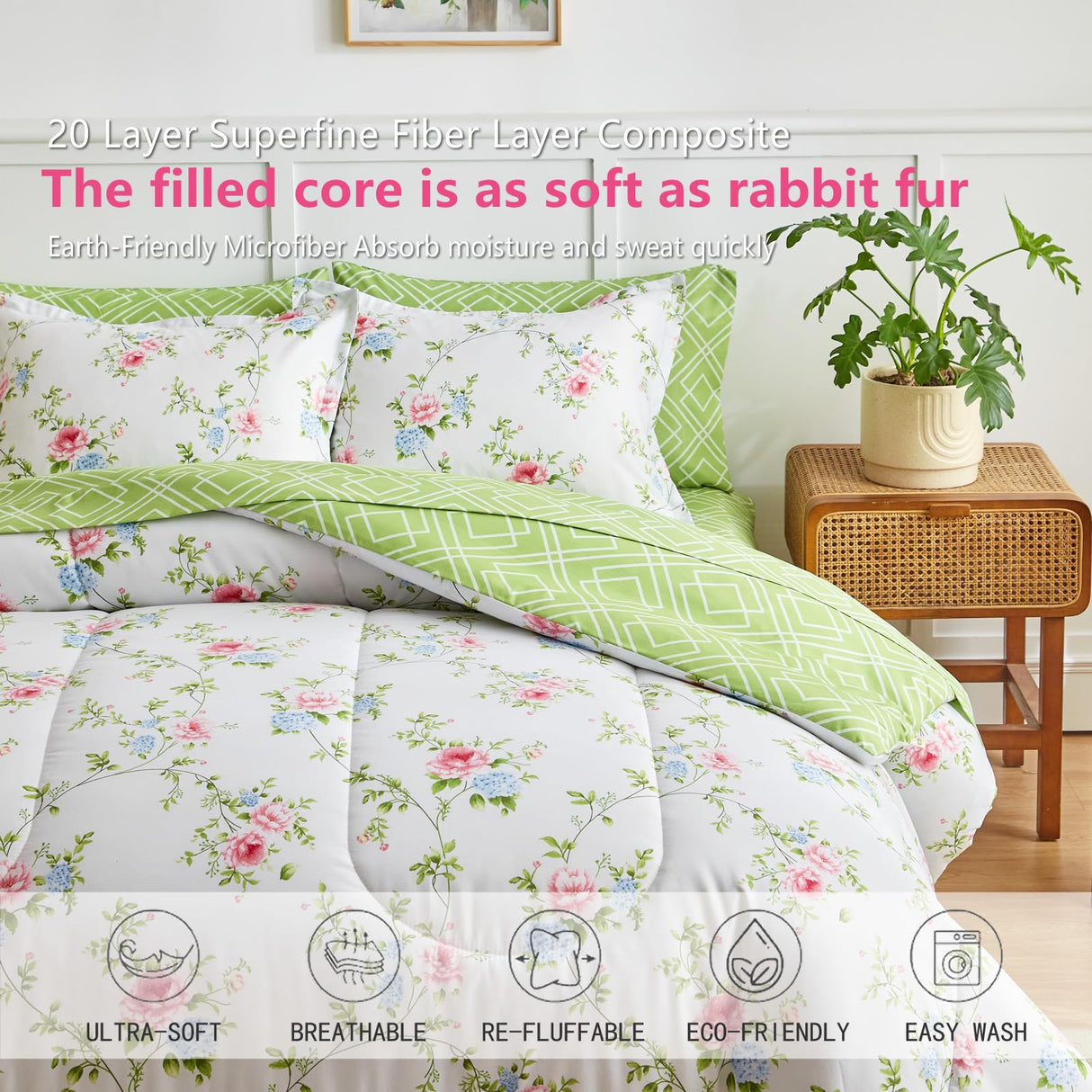 Bed in a Bag 7 Pieces - Floral Print - Soft Microfiber, Reversible Bed Comforter Set