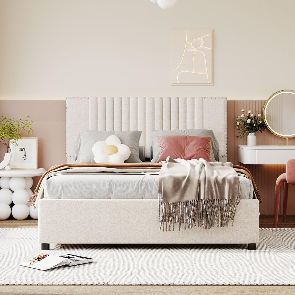 Full Size Upholstered Platform Bed with 4 Big Storage Drawers and Classic Linen Fabric