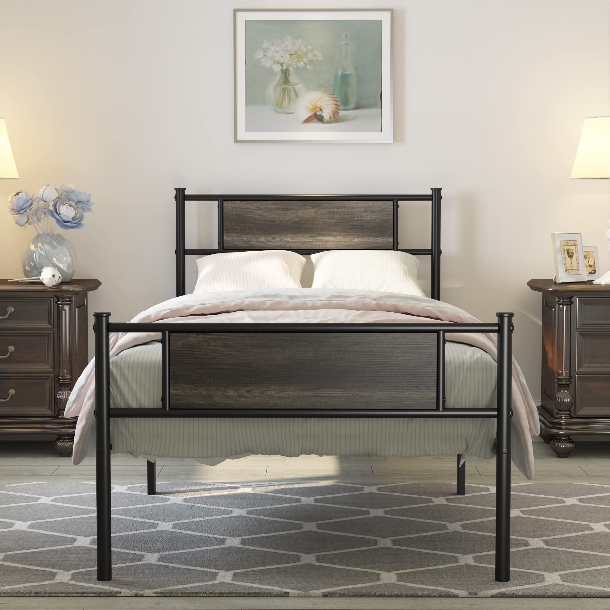 Twin Bed Frame with Headboard, 12.7 Inch Metal Platform Bed Frames No Box Spring