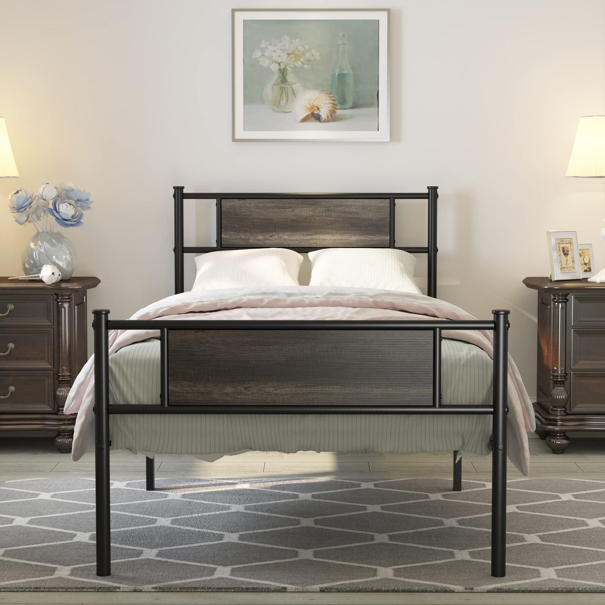 Twin Bed Frame with Headboard, 12.7 Inch Metal Platform Bed Frames No Box Spring