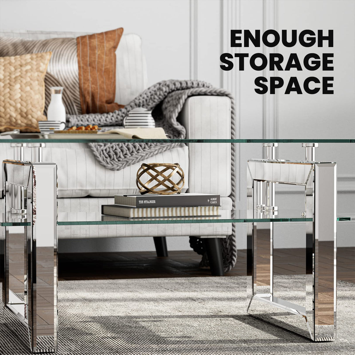 Glass Coffee Table with 2 Tier Glass Boards & Sturdy Metal Legs