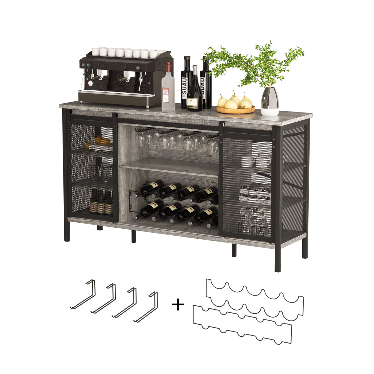 Industrial Wine Bar Cabinet / 55" Sliding Barn Door Coffee Bar Cabinet