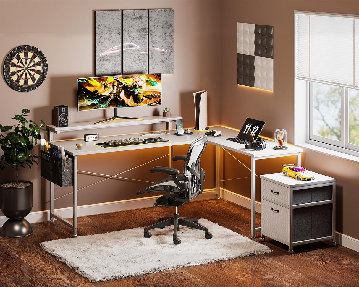 L Shaped Computer Desk, 55" Office Desk with File Cabinet