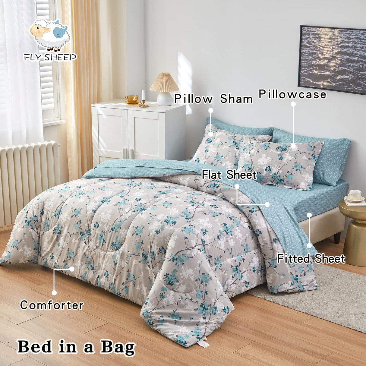 Gray Botanical Bed in a Bag Queen Size 7 Pieces