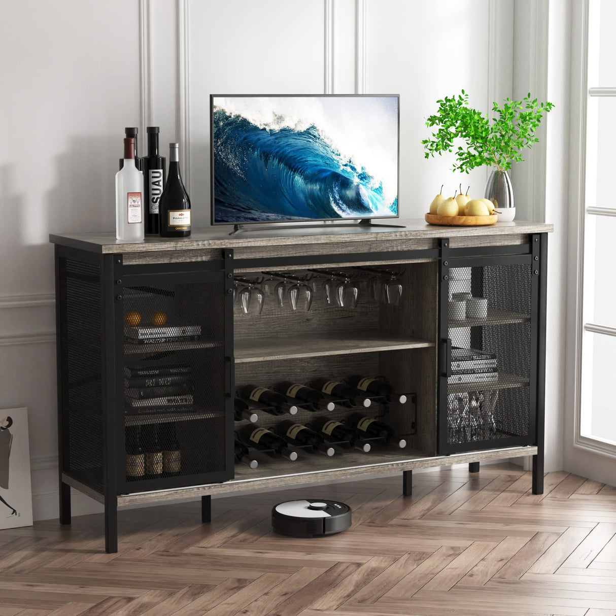 Industrial Wine Bar Cabinet / 55" Sliding Barn Door Coffee Bar Cabinet