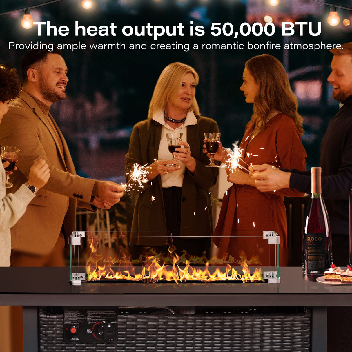 Fire Pit Table - 43 Inch Outdoor Rattan Propane Gas Fire Pit with Glass Wind Guard