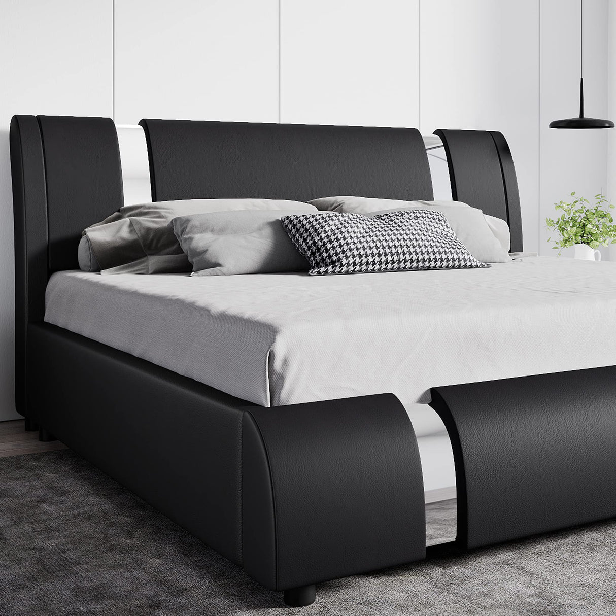 Modern Faux Leather Queen Bed Frame with Adjustable Headboard