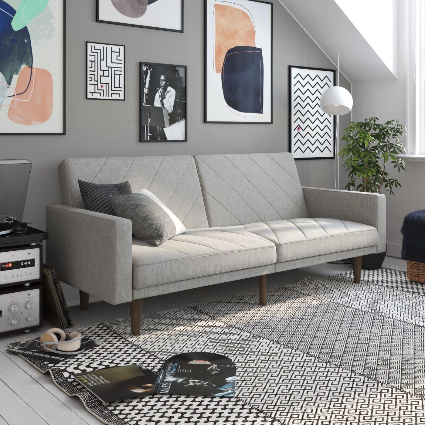 Paxson Convertible Futon Couch Bed with Linen Upholstery and Wood Legs