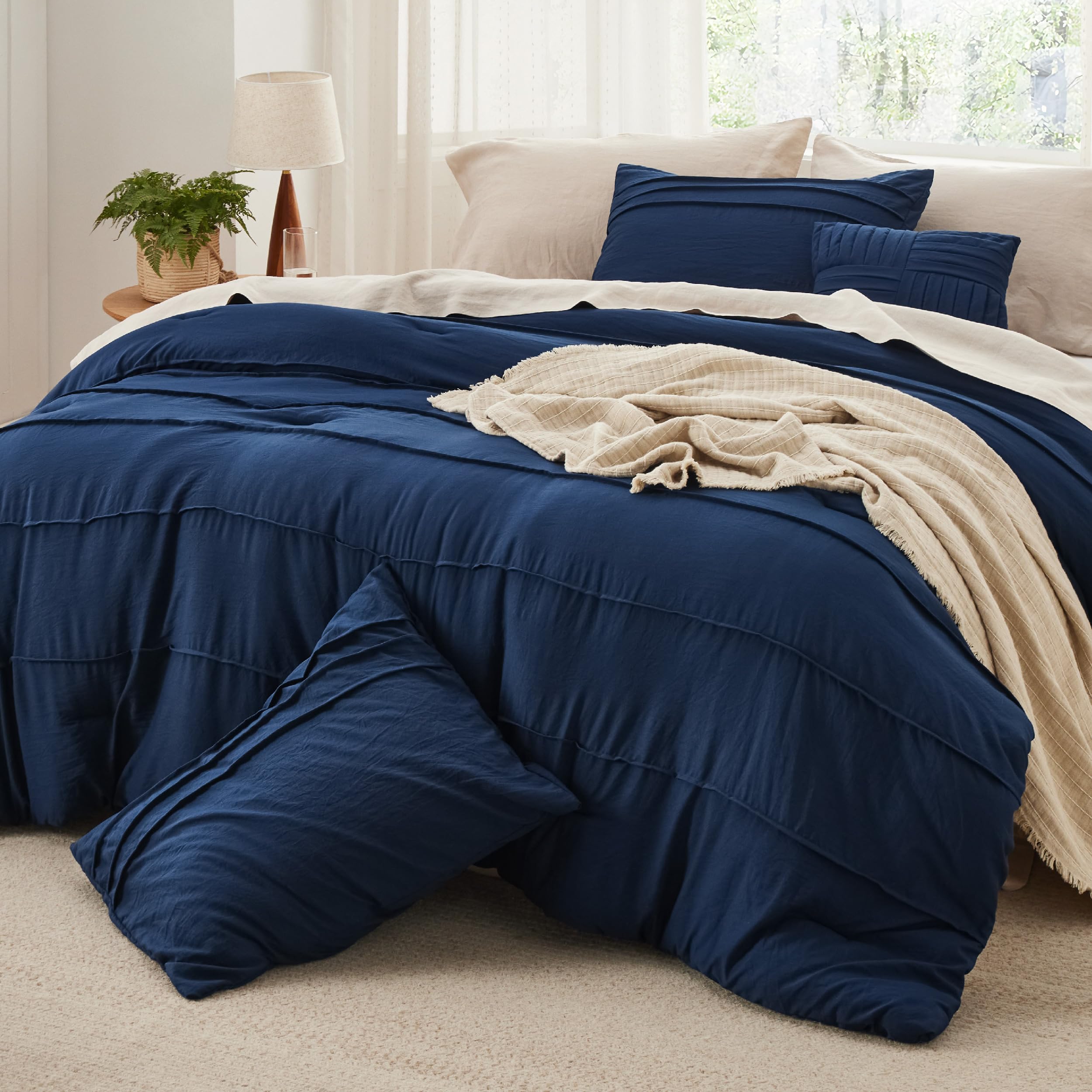 Navy Blue King Size Comforter Set - 4 Pieces Pinch Pleat Bed Set, Down Alternative