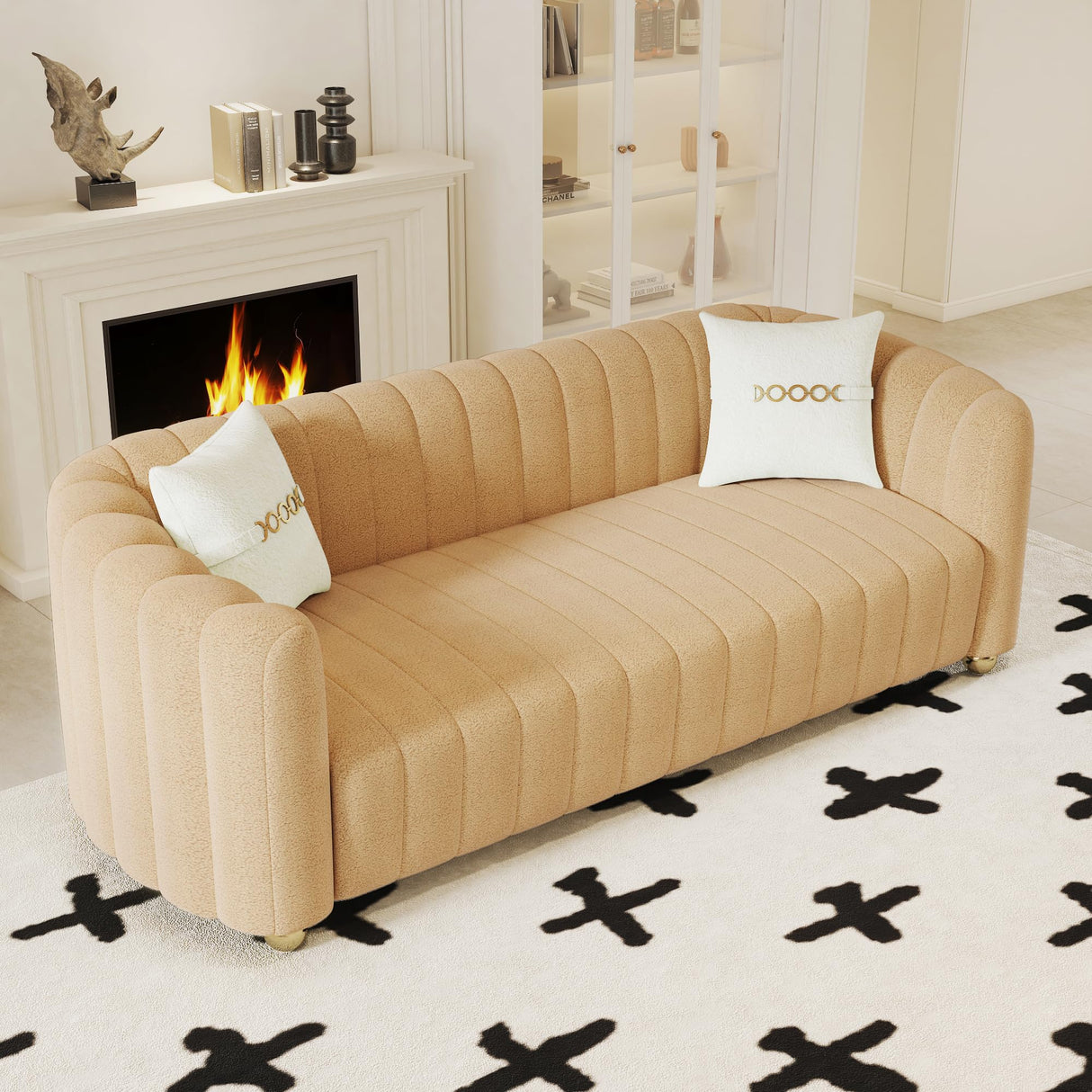 Lambswool Sofa for Living Room, 84" Mid-Century Modern Brown Couch