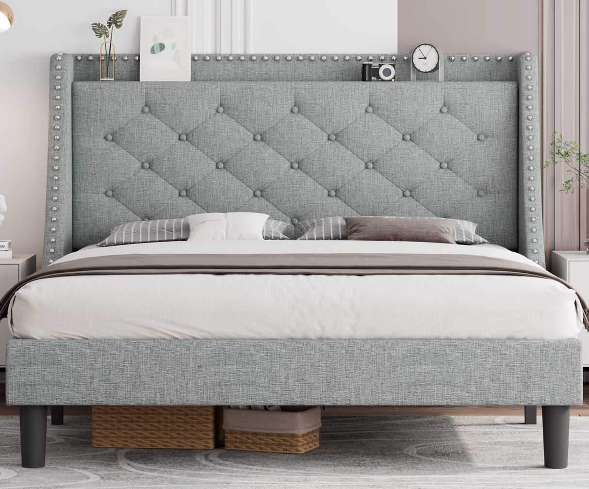 Queen Bed Frame with Wingback & 4" Storage Shelf, Upholstered Platform Bed
