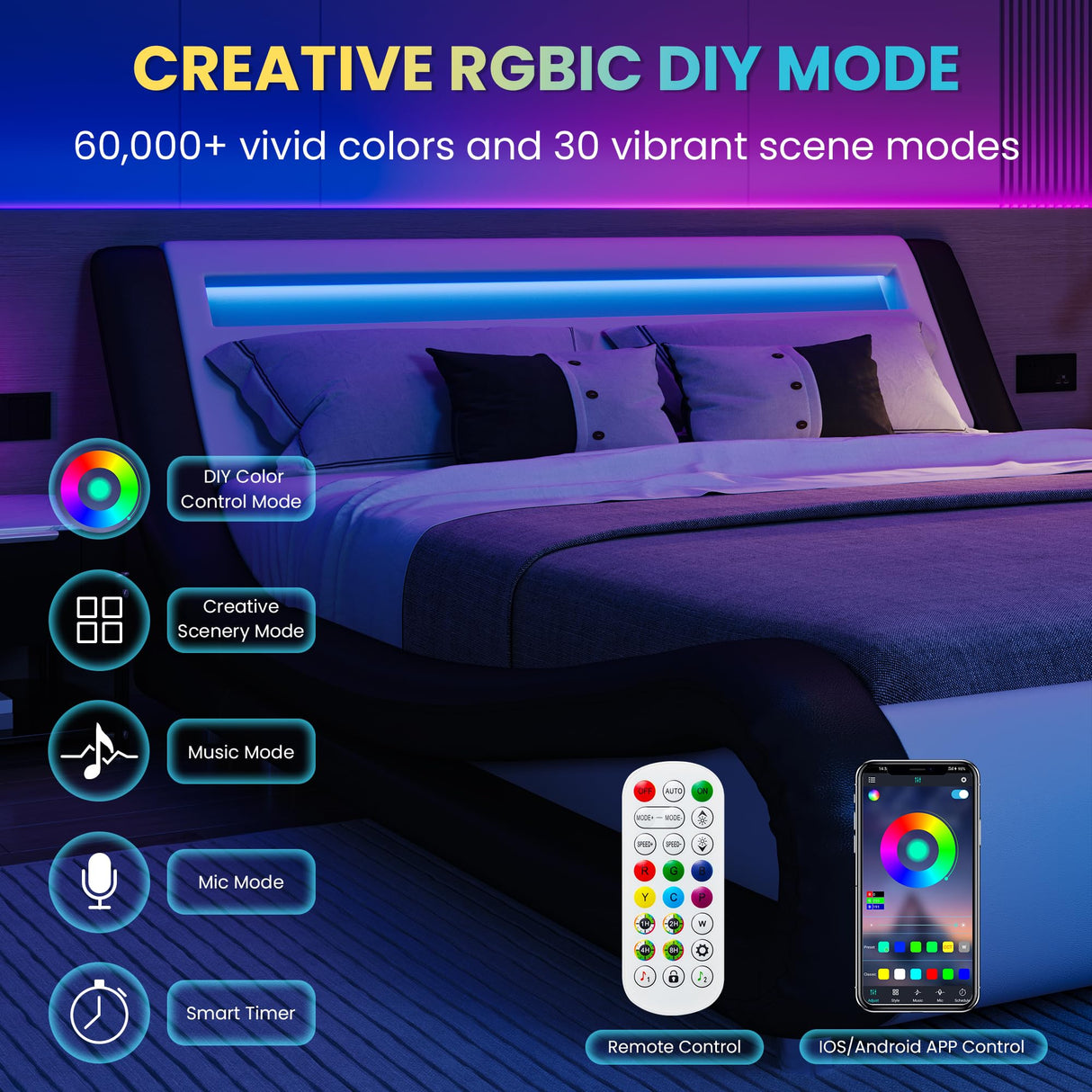 Upholstered Modern Bed Frame with LED Headboard/Mattress Foundation