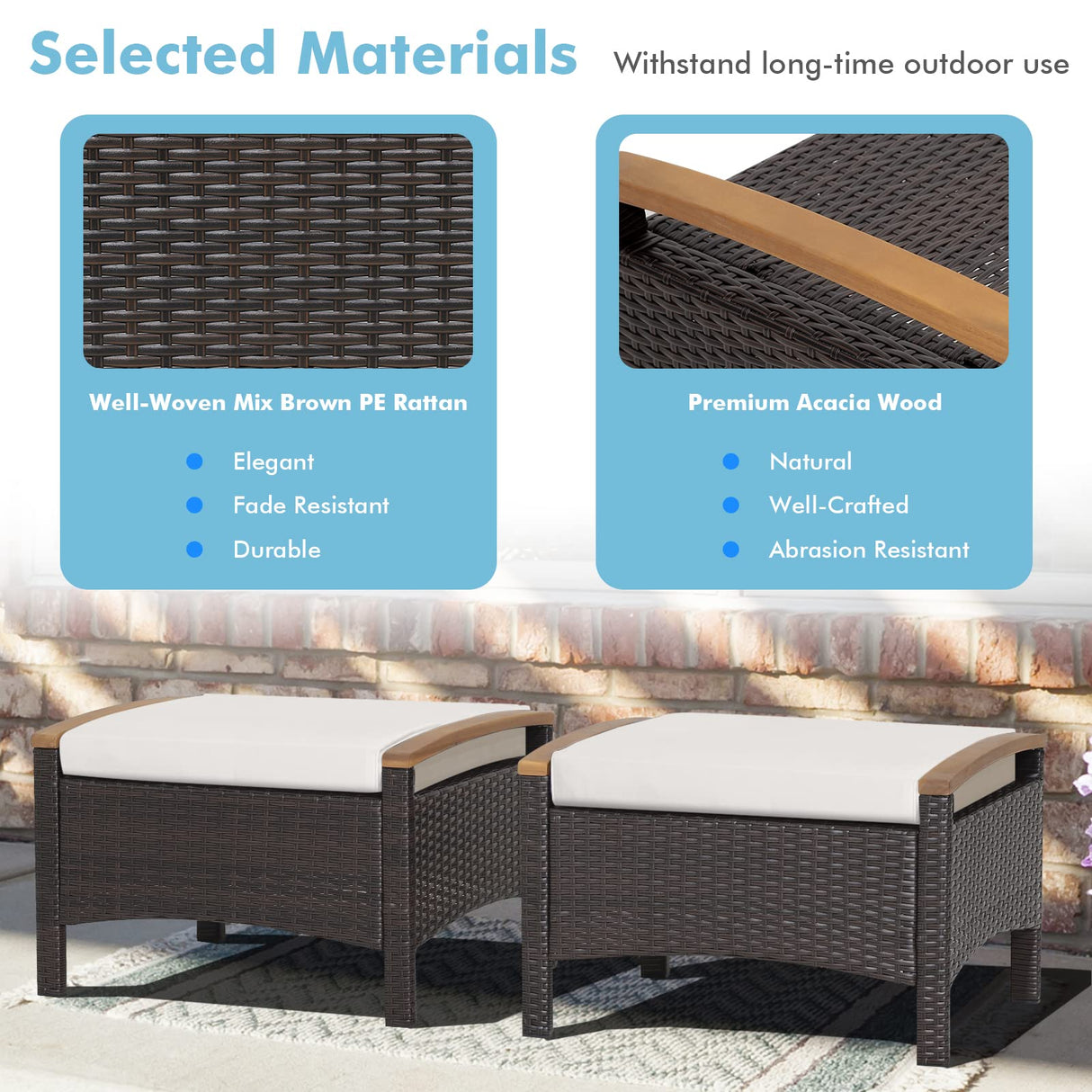 2 Piece Patio Rattan Ottomans, Wicker Footstool w/Acacia Wood Handles