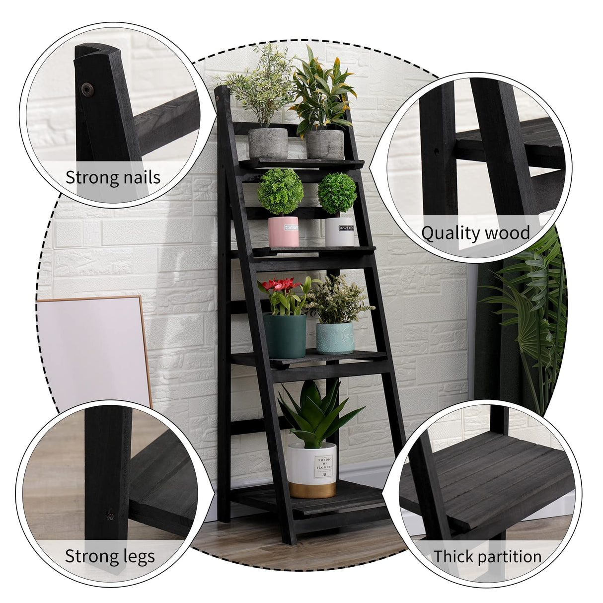Babion 4-Tier Ladder Bookshelf – Black Wooden Storage Rack