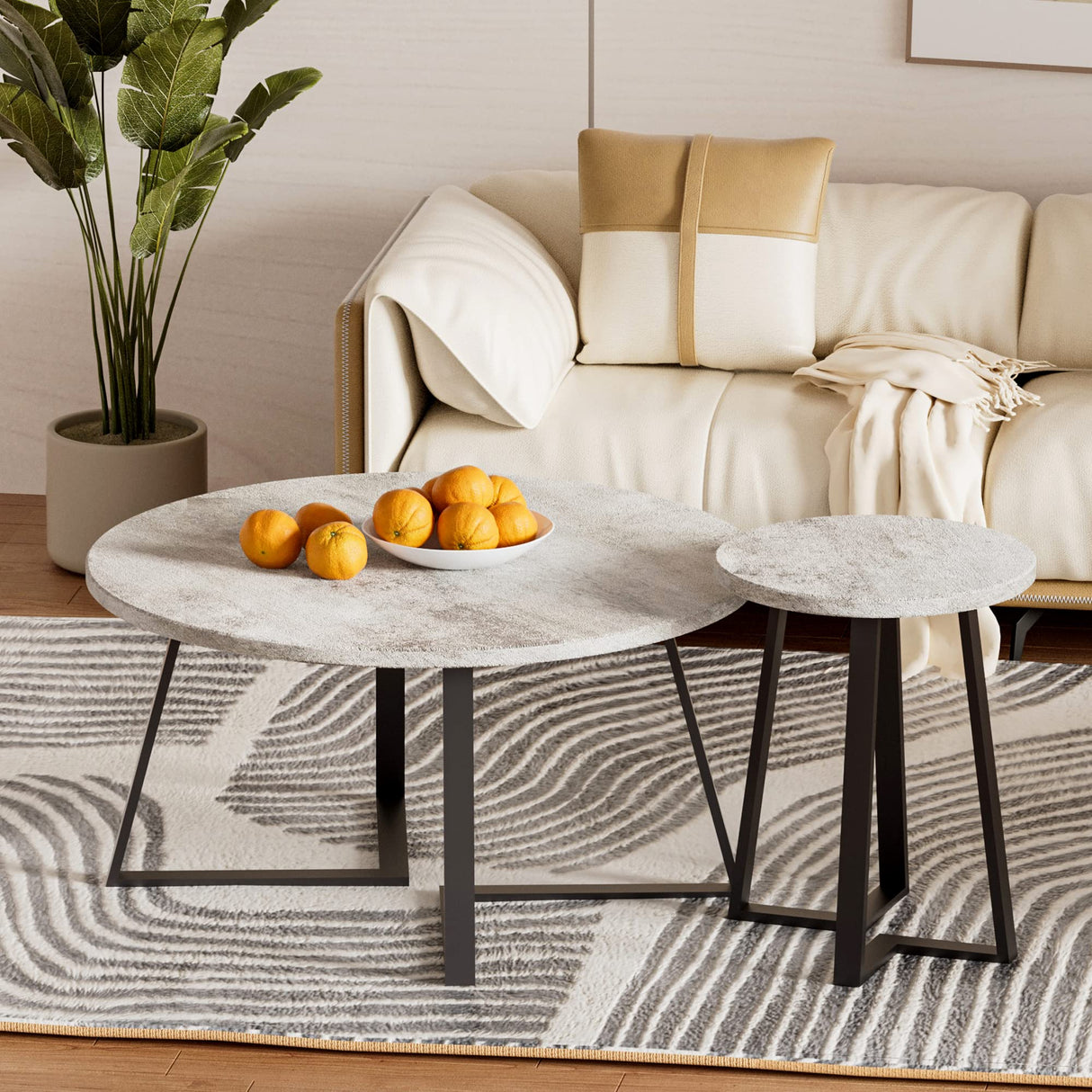 34" Round Coffee Table for Living Room - Industrial Concrete-Colored