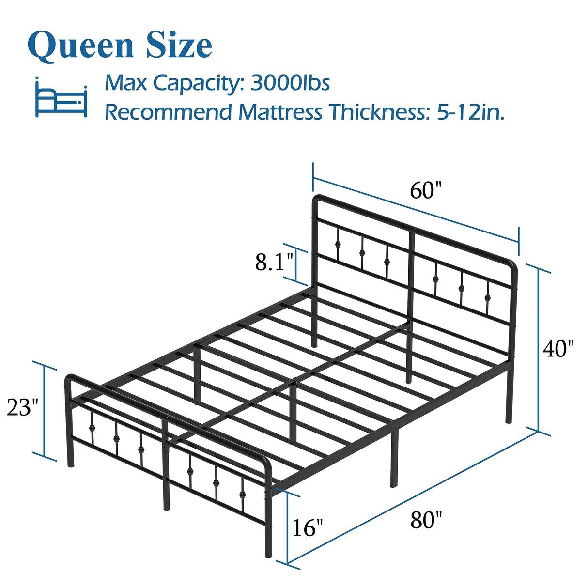 Classic Metal Platform Queen Bed Frame