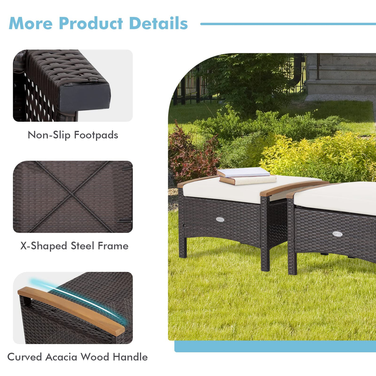 2 Piece Patio Rattan Ottomans, Wicker Footstool w/Acacia Wood Handles