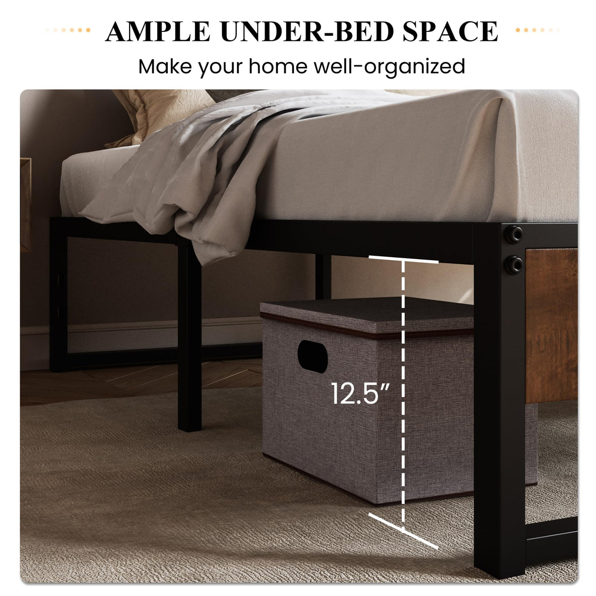 14'' Queen Size Metal Platform Bed Frame with Rustic Wood & Reverse Holes/Ample Under