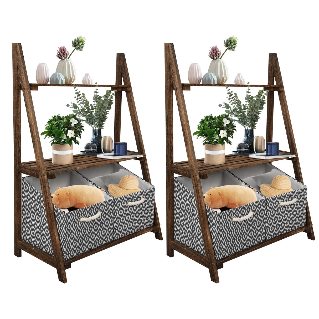 Rustic 3-Tier Wooden Ladder Shelf – Small Storage Stand with Baskets