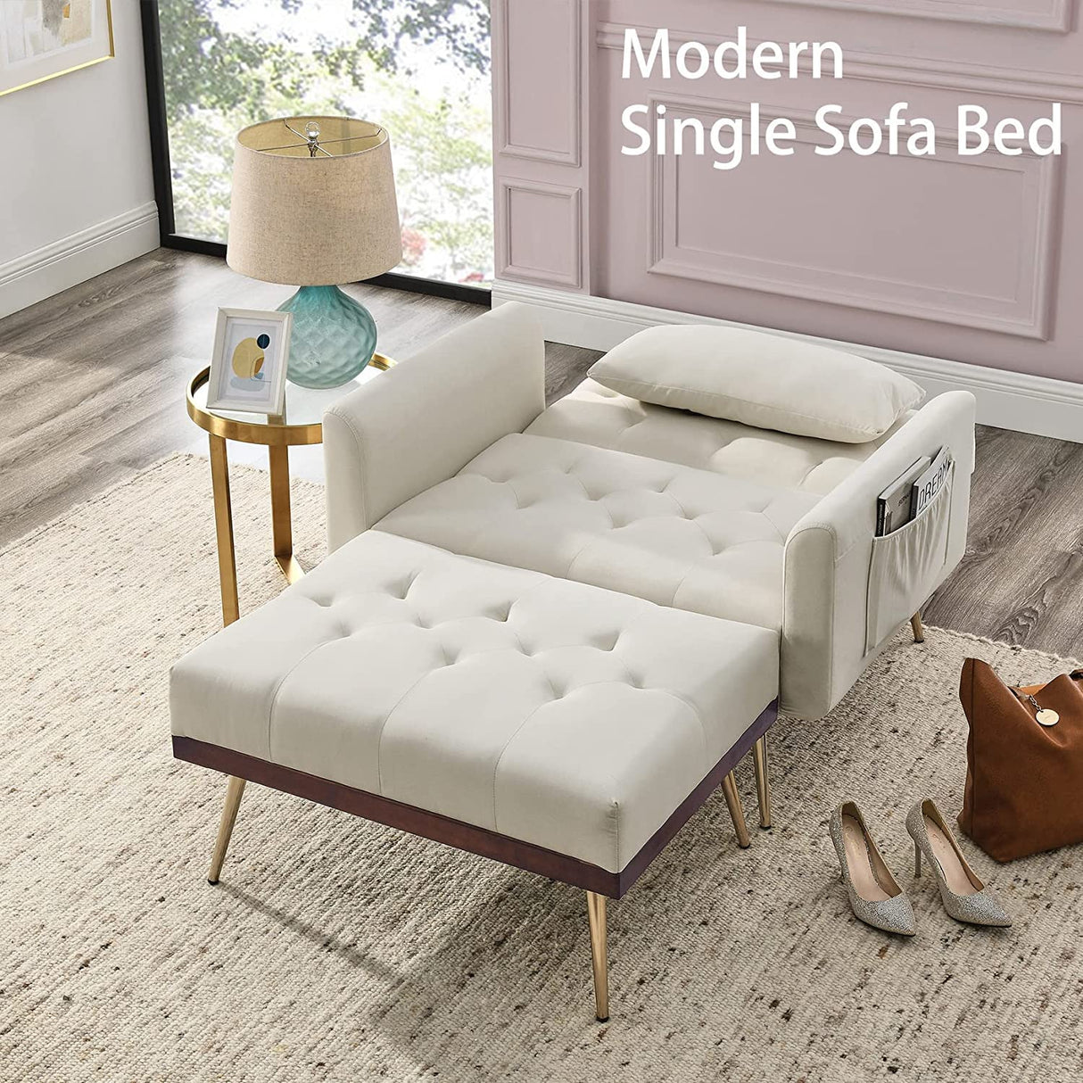 Velvet 2 in 1 Chaise Lounge Chair Indoor with Ottoman, Modern Sofa Bed