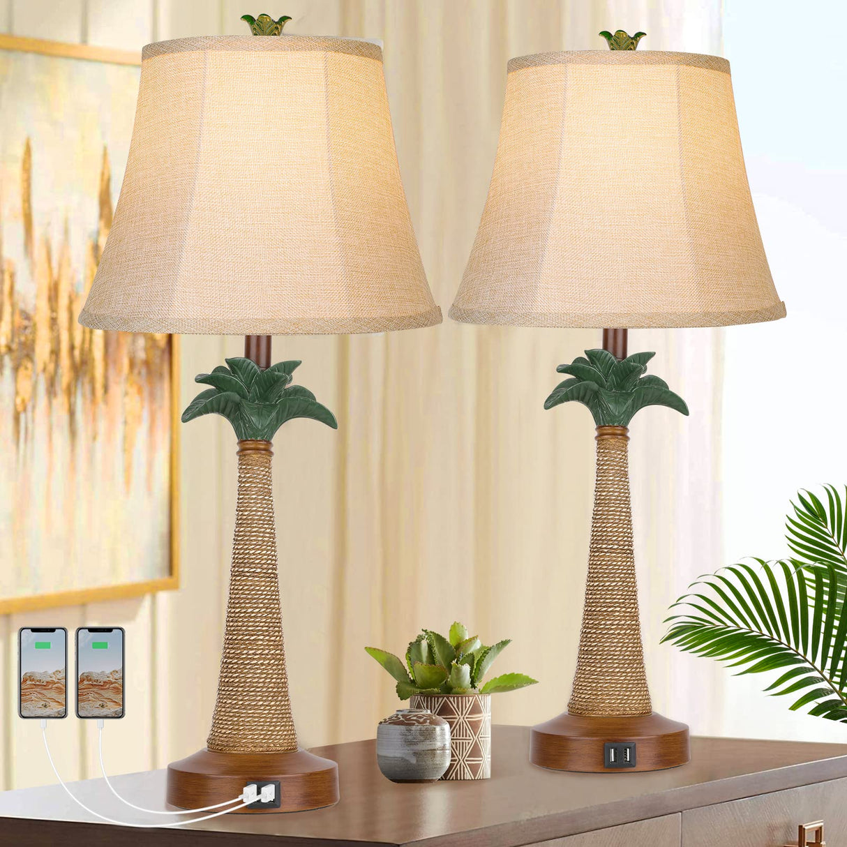 Set of 2 Coastal Palm Tree Table Lamps with 2 USB Ports