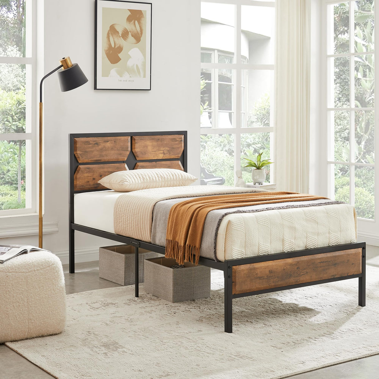 Twin Bed Frame Heavy Duty Metal Platform with Wooden Headboard Footboard Mattress