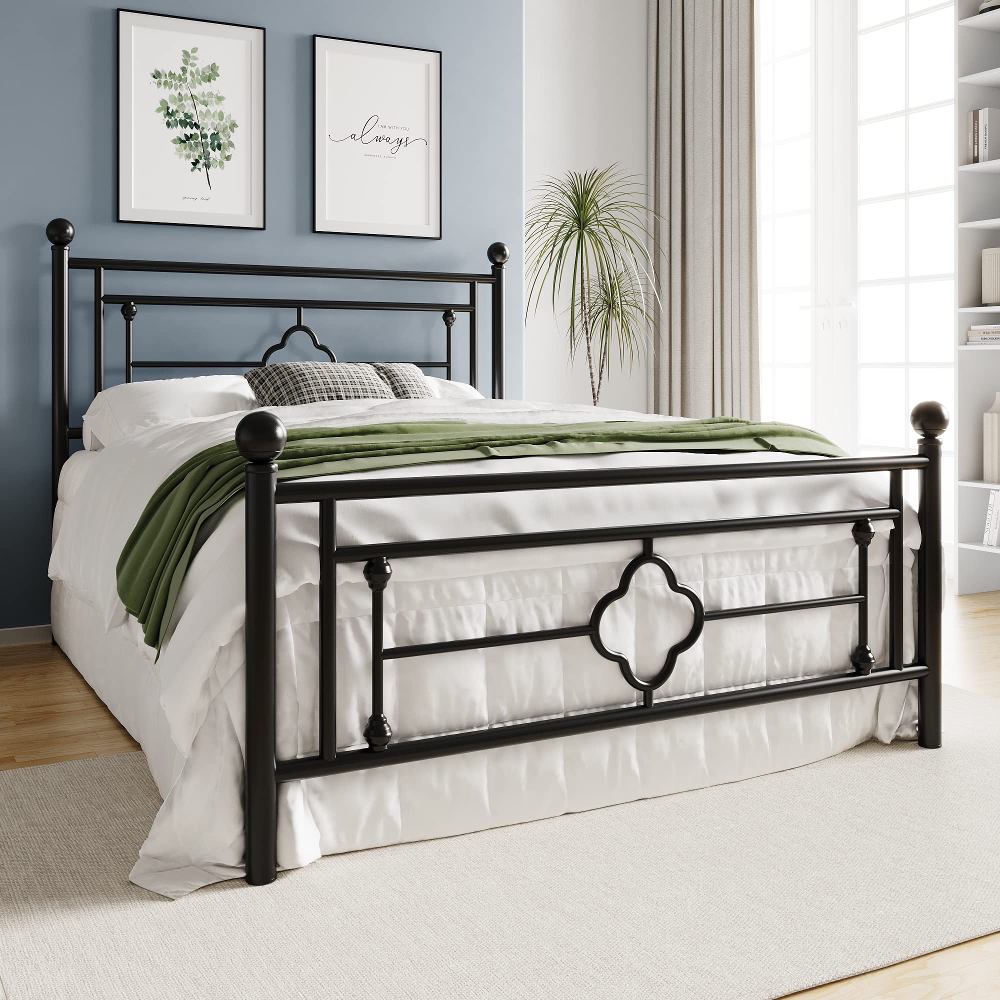 14 Inch Queen Size Metal Platform Bed Frame, Vintage Victorian Style, Wrought Iron