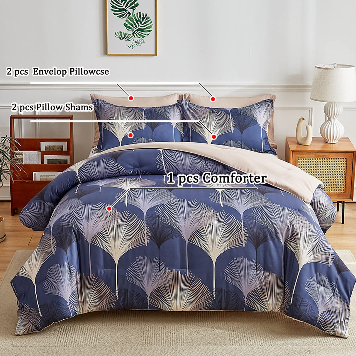 Navy Leaf Comforter Set King Whole Piece Filling Light Weight Comforter