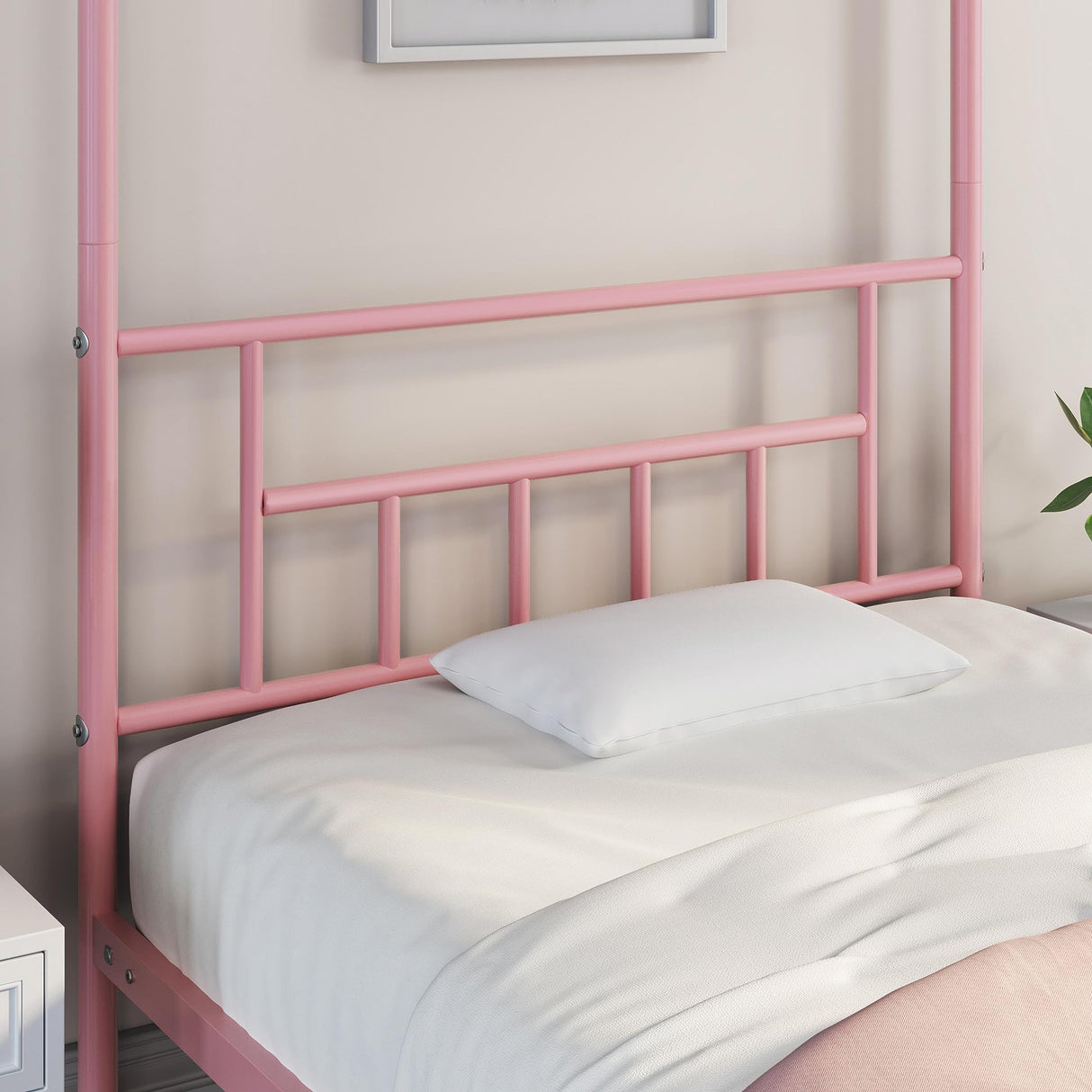 Twin Metal Canopy Bed Frame, Pink, 77.5" L x 41" W x 78" H, 350 lb Weight Capacity