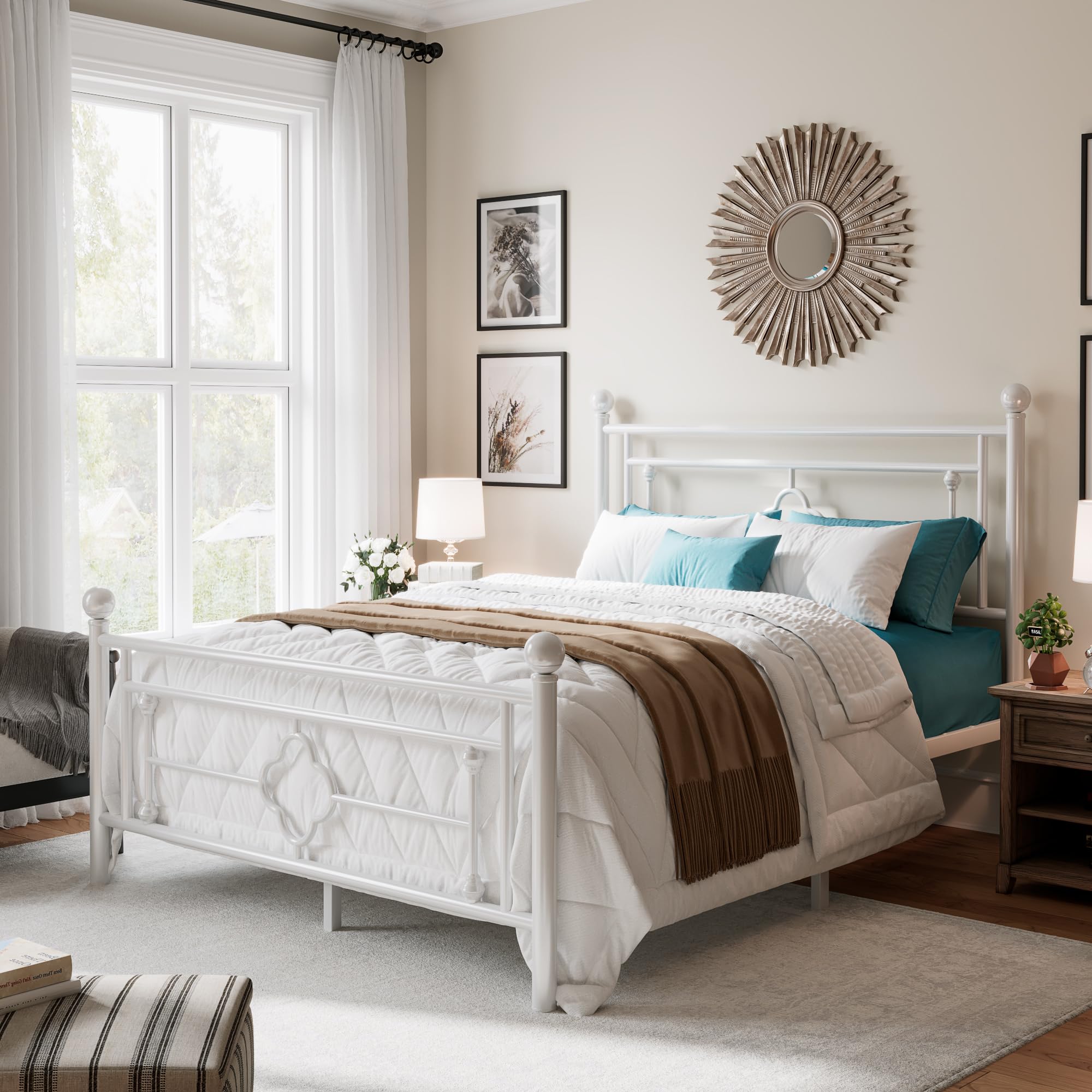 14 Inch Full Size Metal Platform Bed Frame, Vintage Victorian Style, Wrought Iron