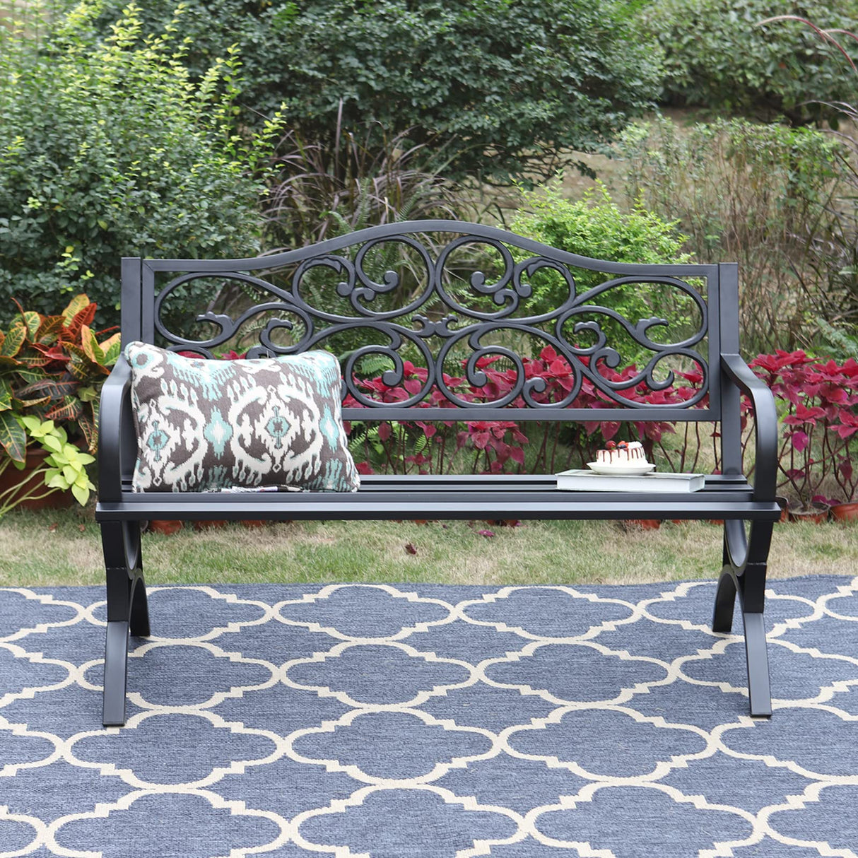 50‘’ Outdoor Garden Bench Patio Park Bench, Cast Iron Frame Furniture