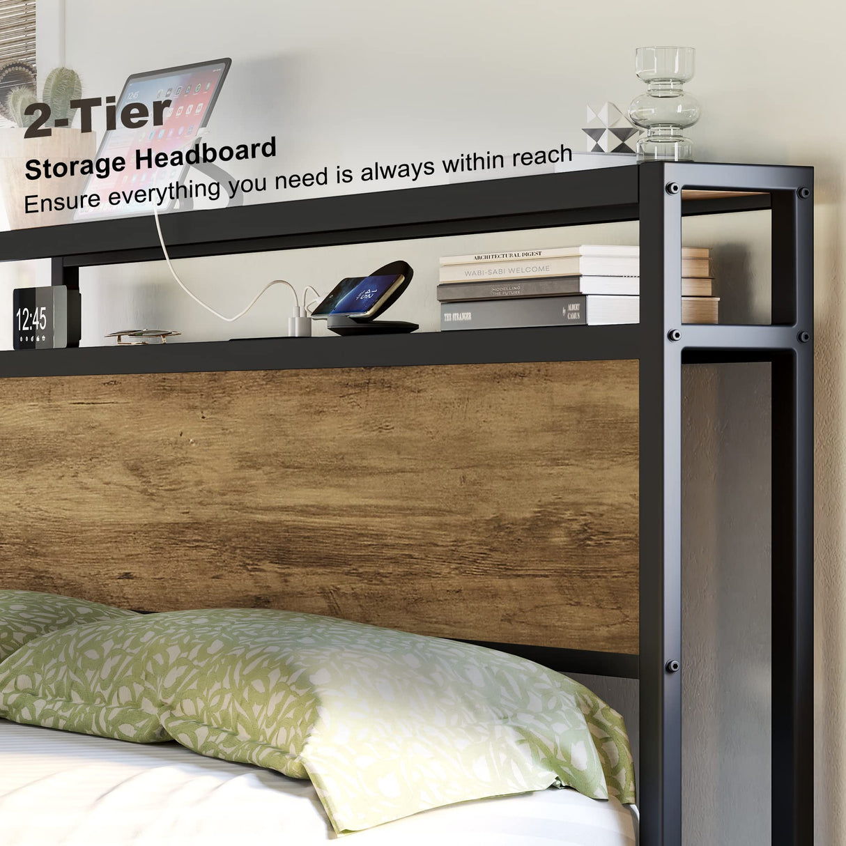 Queen Size Bed Frame, Platform Bed Frame with 2-Tier Storage Headboard and Charging