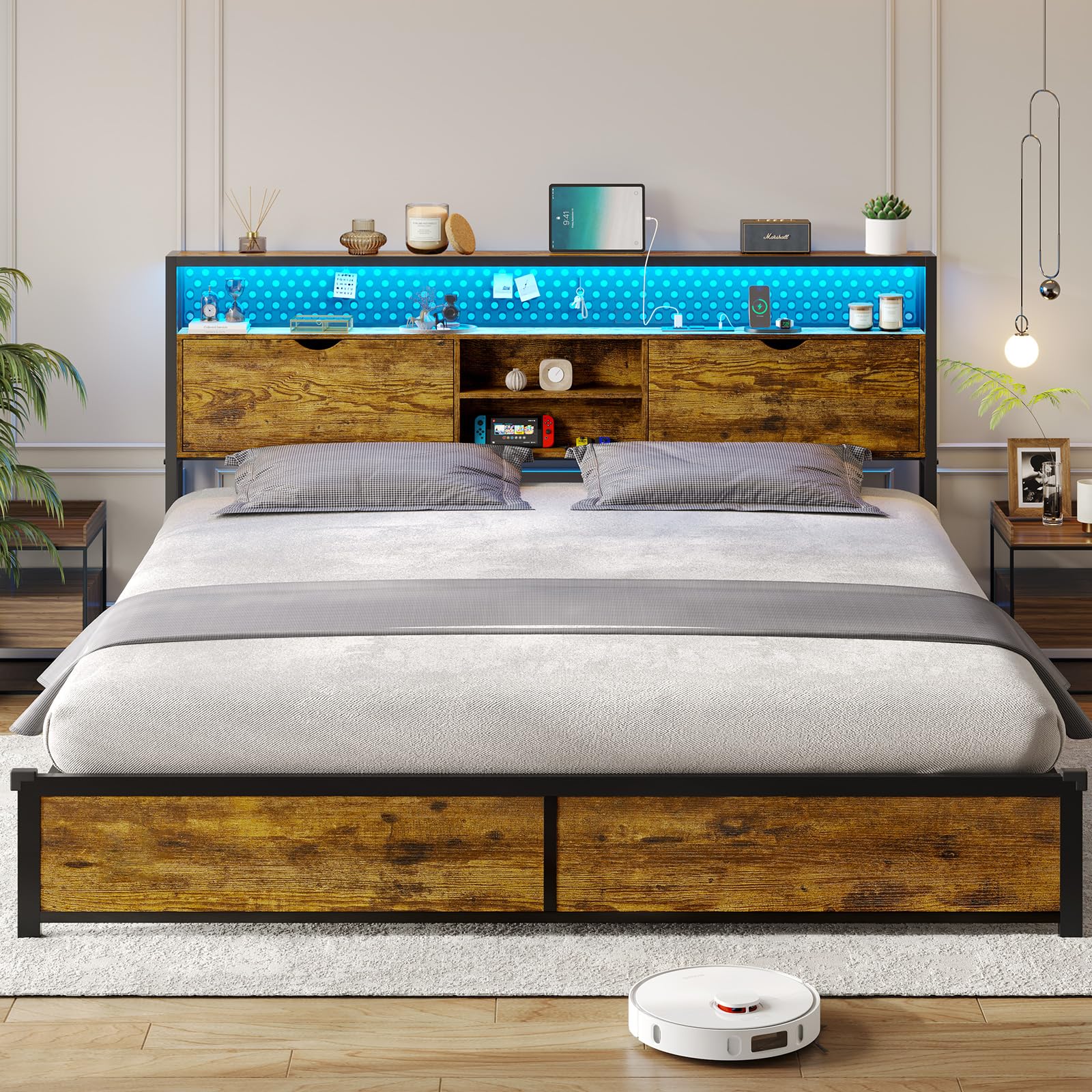 King Size Bed Frame with Storage & LED Light Headboard