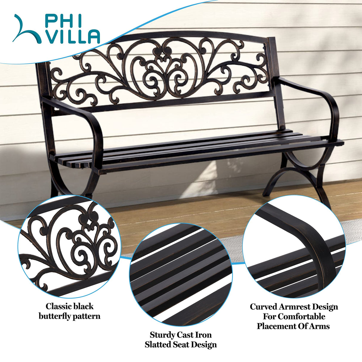 50Inch Cast Iron Steel Frame Garden Bench Patio Chair Outdoor Bench