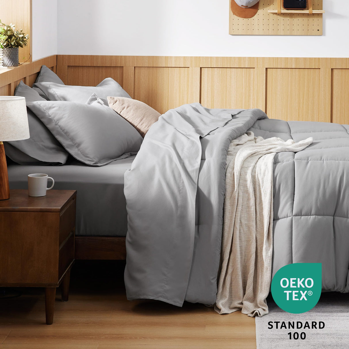 Queen Comforter Set - 7 Pieces Solid Grey Queen Bed in a Bag