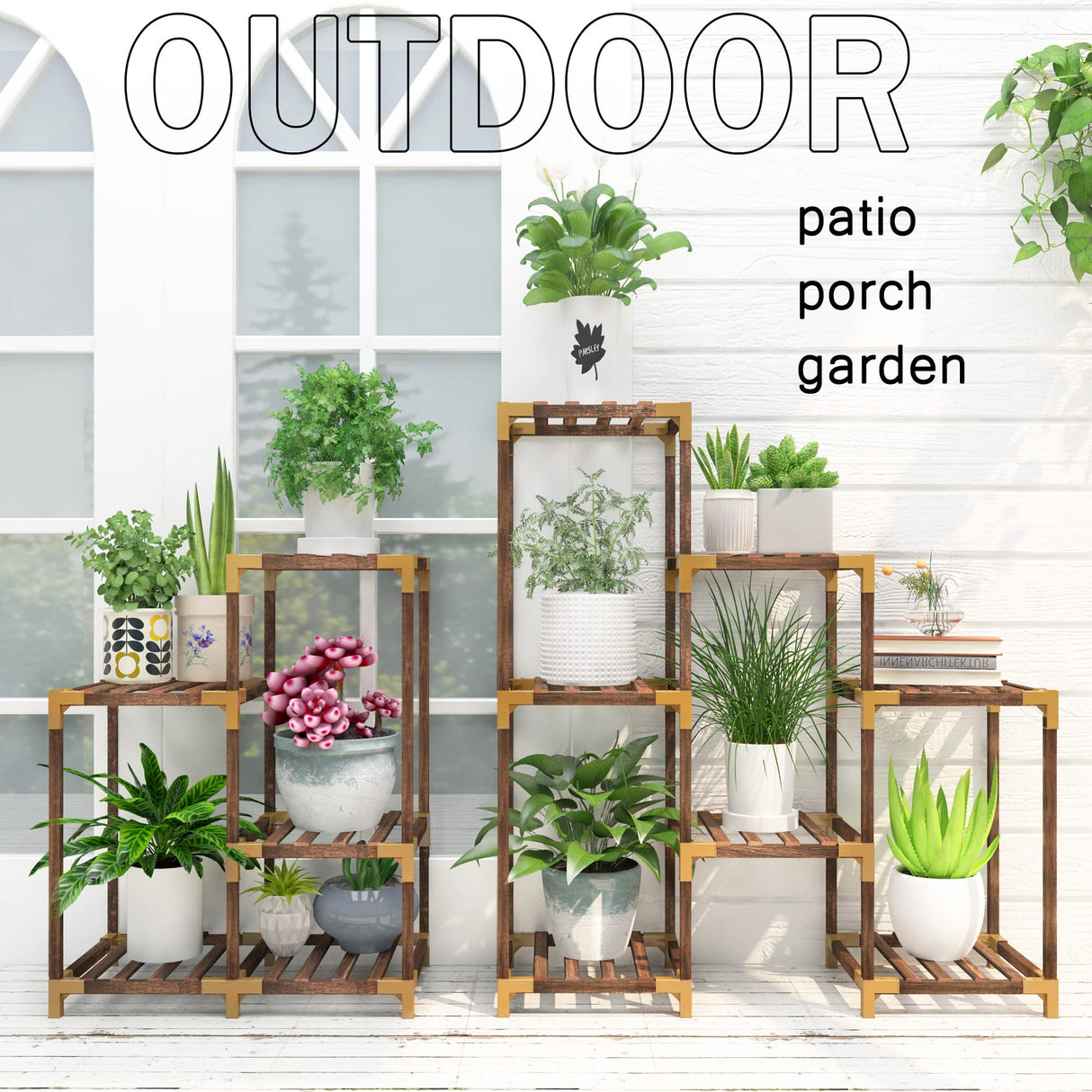 Trapezoid Wooden Plant Stand – Multi Tier Eucalyptus Wood Display Shelf