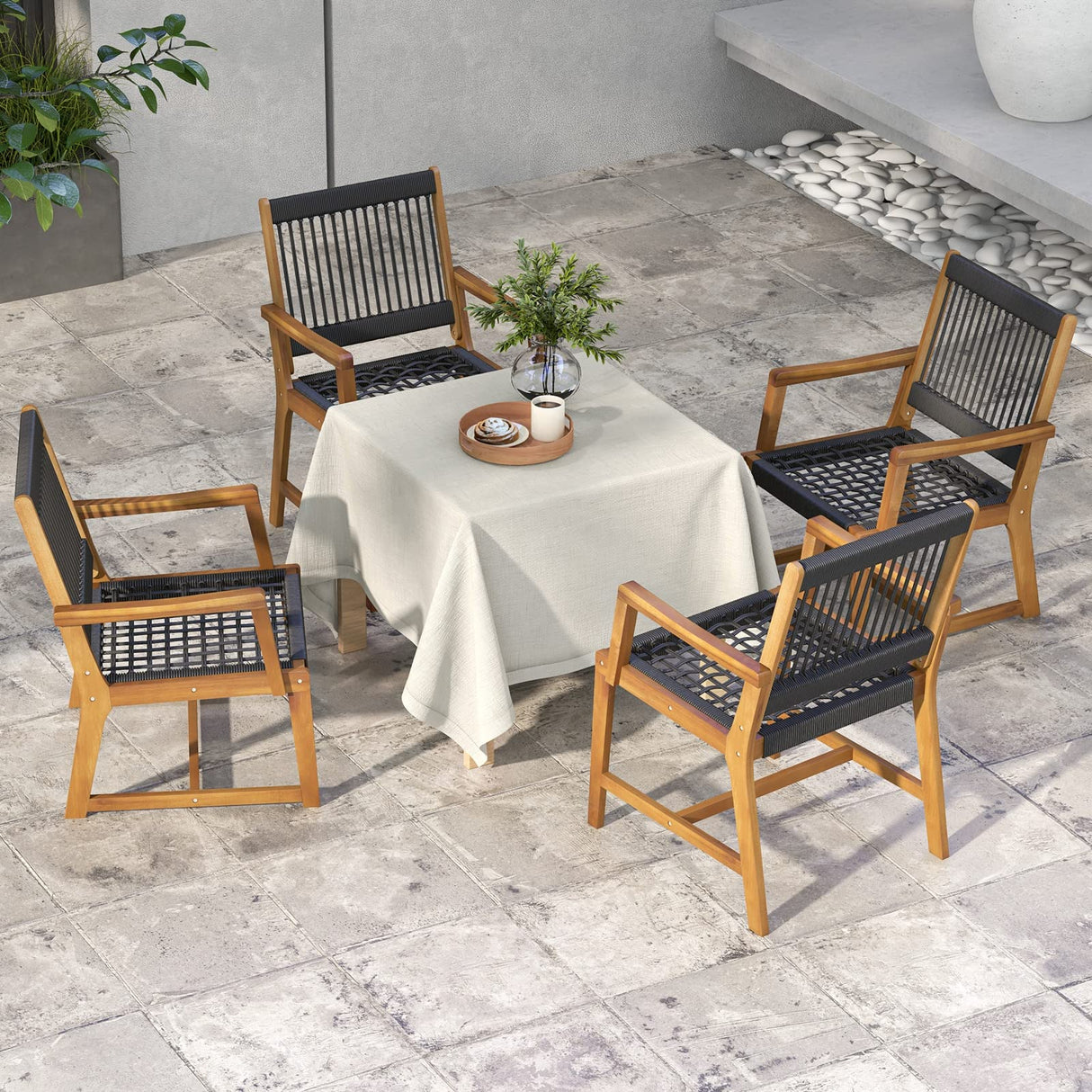 Outdoor Acacia Wood Dining Chairs Set of 4, All-Weather Rope Woven Patio Chairs