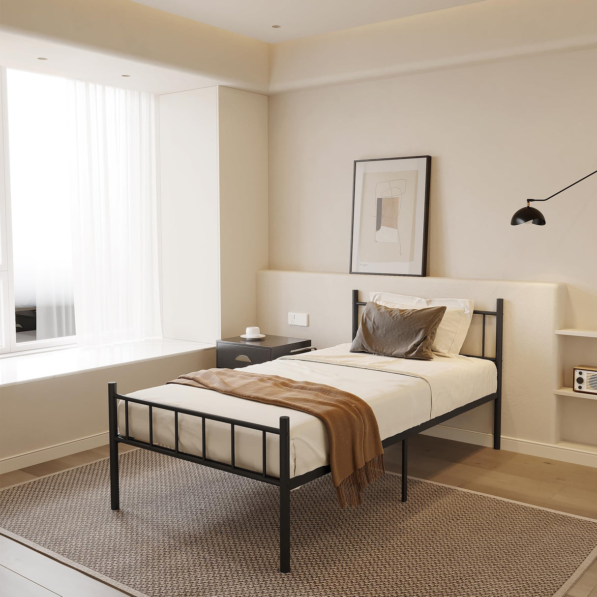 14 Inch Twin Metal Platform Bed Frame with Headboard,Mattress Foundation,Steel Slat