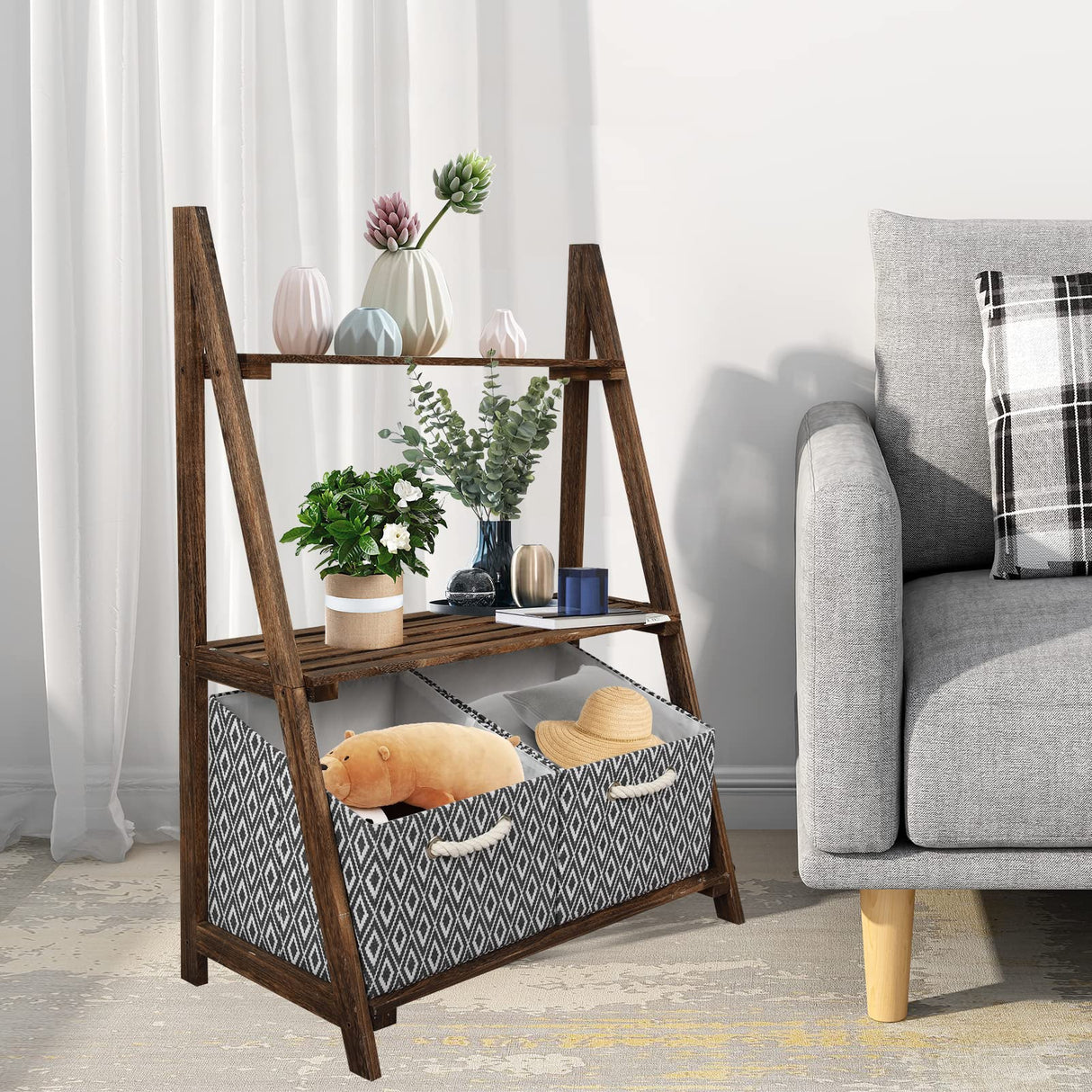 Rustic 3-Tier Wooden Ladder Shelf – Small Storage Stand with Baskets