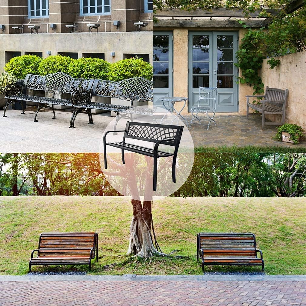 Patio Metal Park Bench with Armrests Sturdy Steel for Yard Porch Entryway