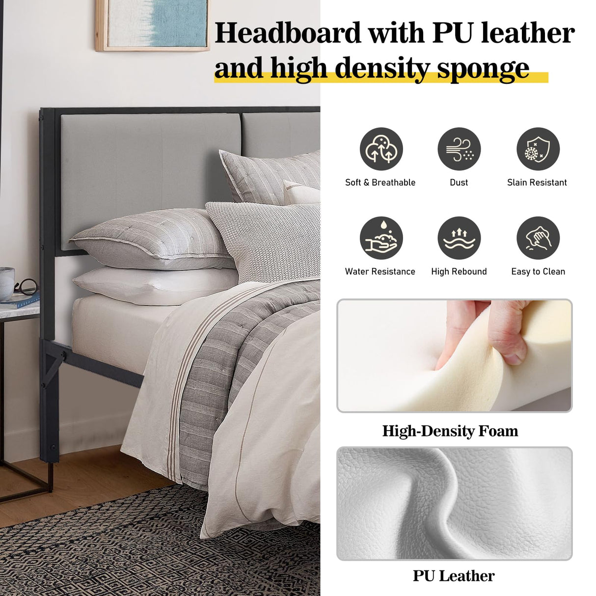 Upholstered Bed Frame Queen Size with Headboard(Deluxe PU Leather