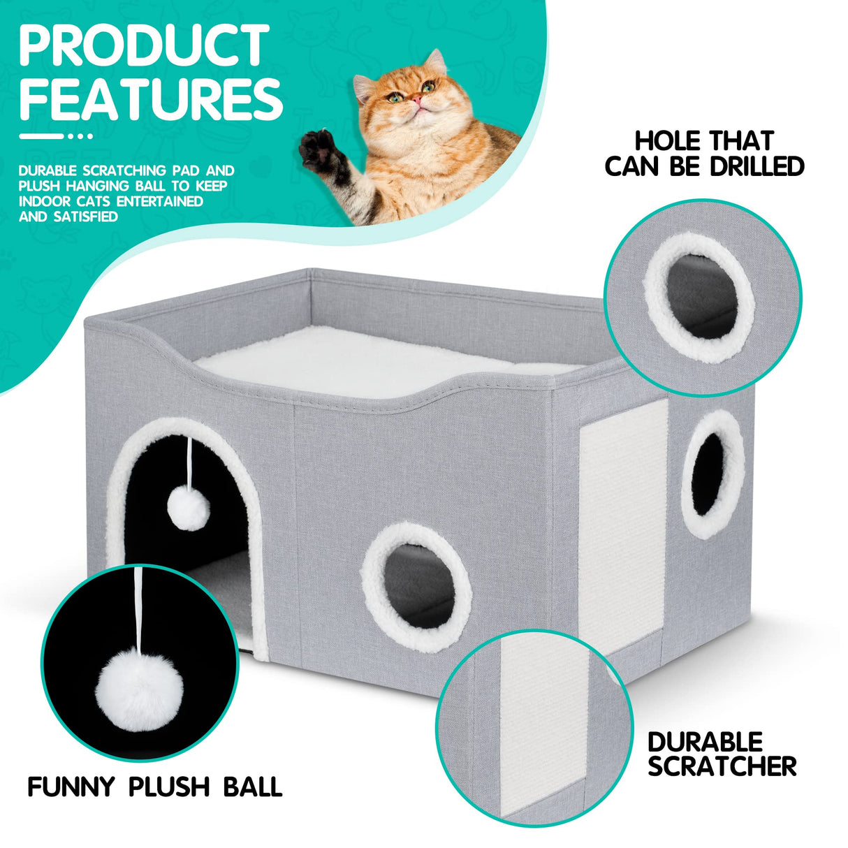 Cat House for Indoor Cats - Large Cat Bed Cave with Fluffy Ball and Scratch Pad