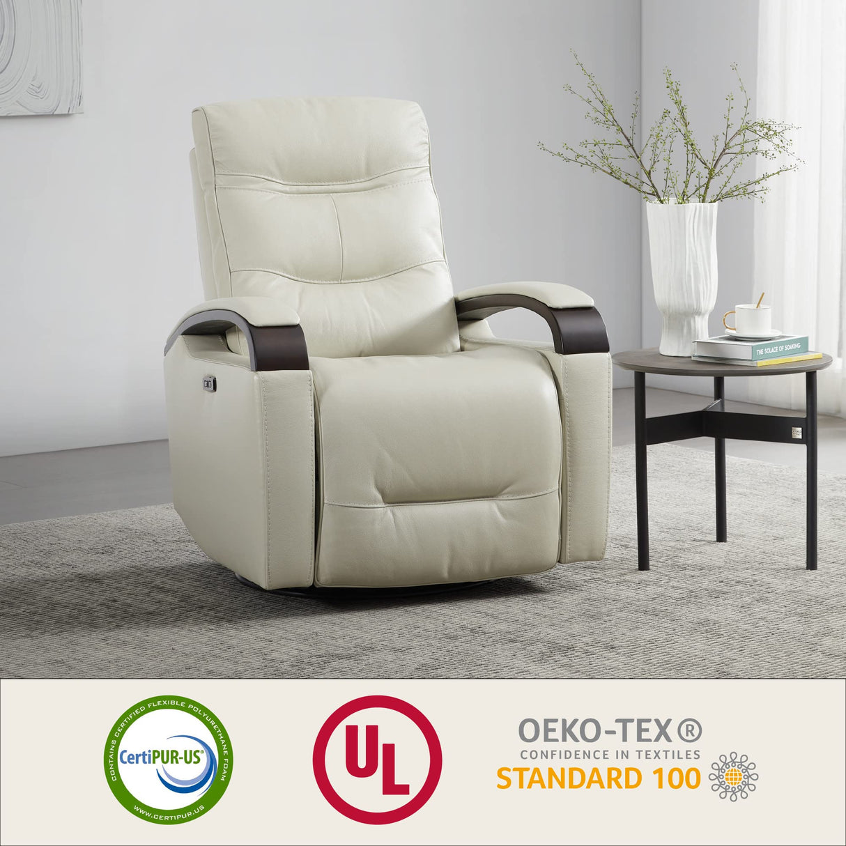 CloudChita Power Swivel Glider Recliner – USB, Headrest, Rocker Motion in Light Grey