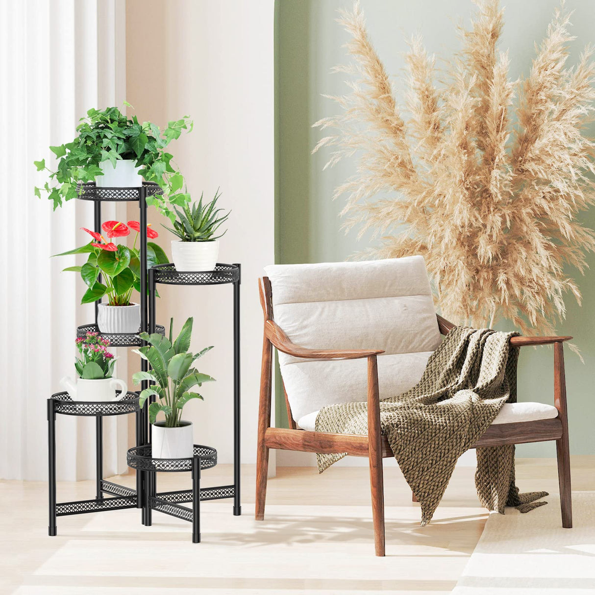 5 Tier Foldable Metal Plant Stand Corner Tall Plant Shelf