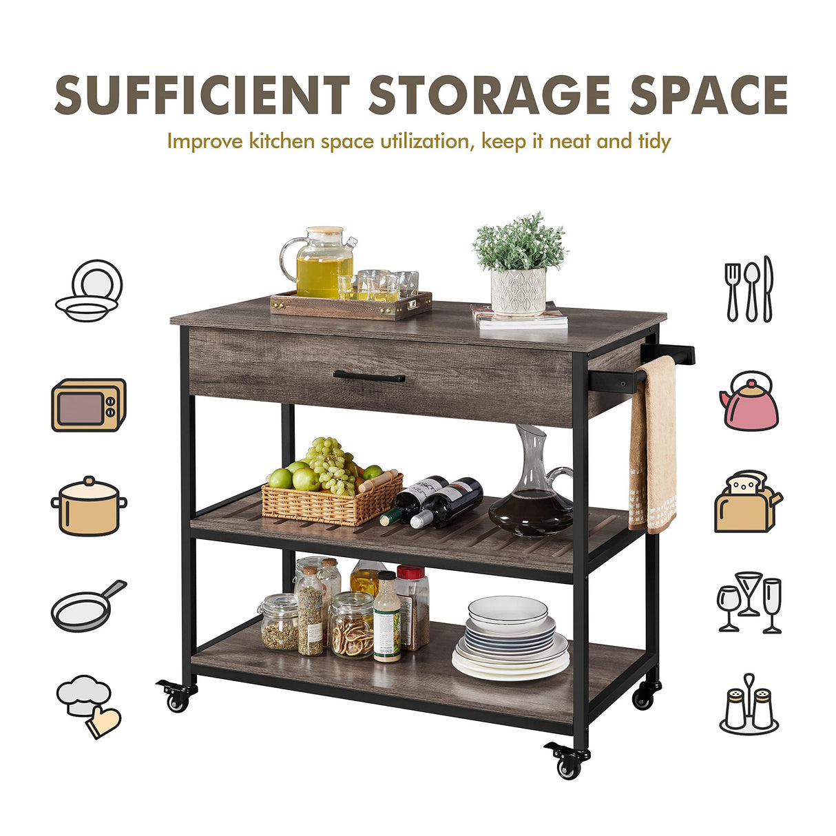 Kitchen Island on Wheels with Storage Drawer & Shelves Kitchen Cart