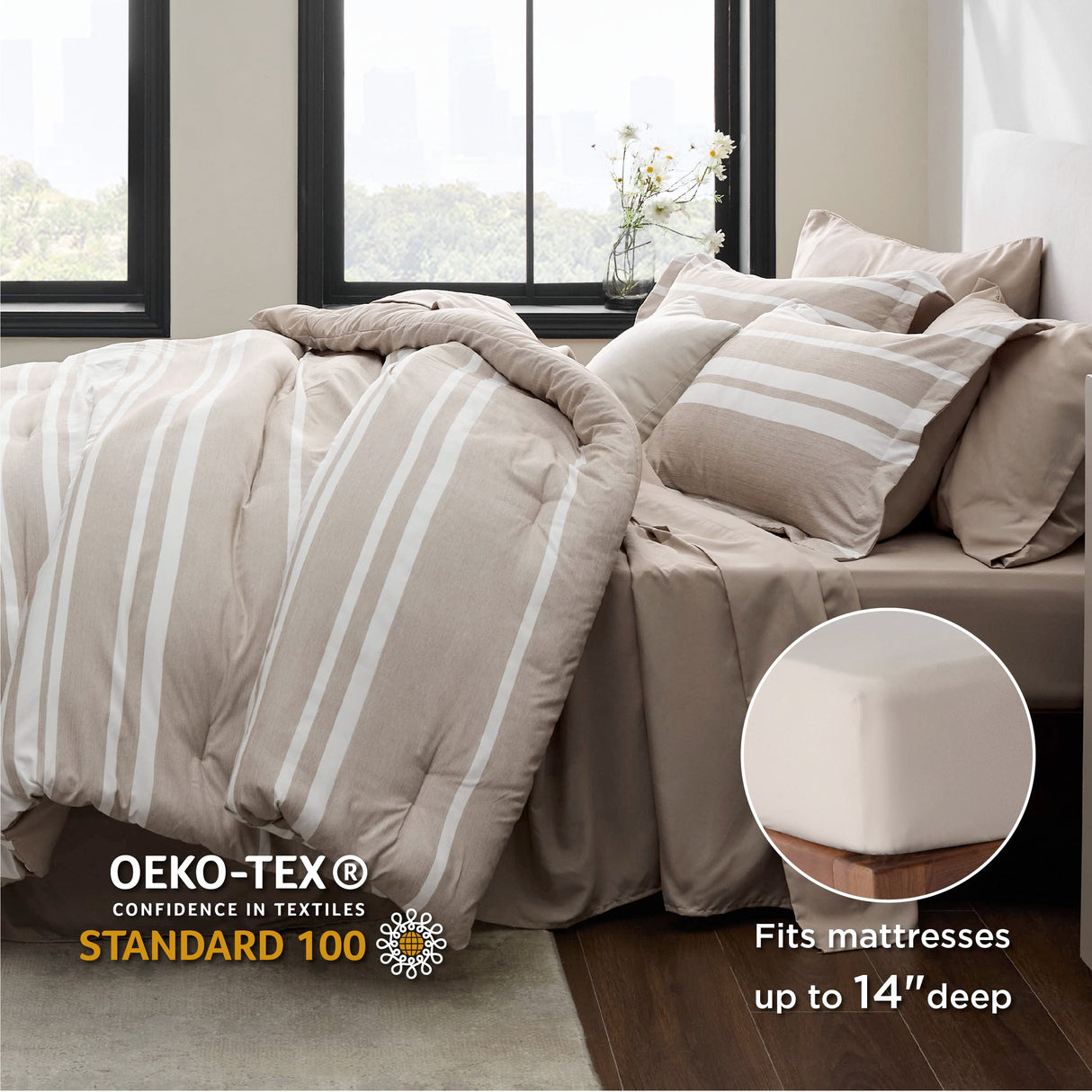 Bed in a Bag Twin Size 5 Pieces, Khaki White Striped Bedding Comforter Sets All Season Bed Set