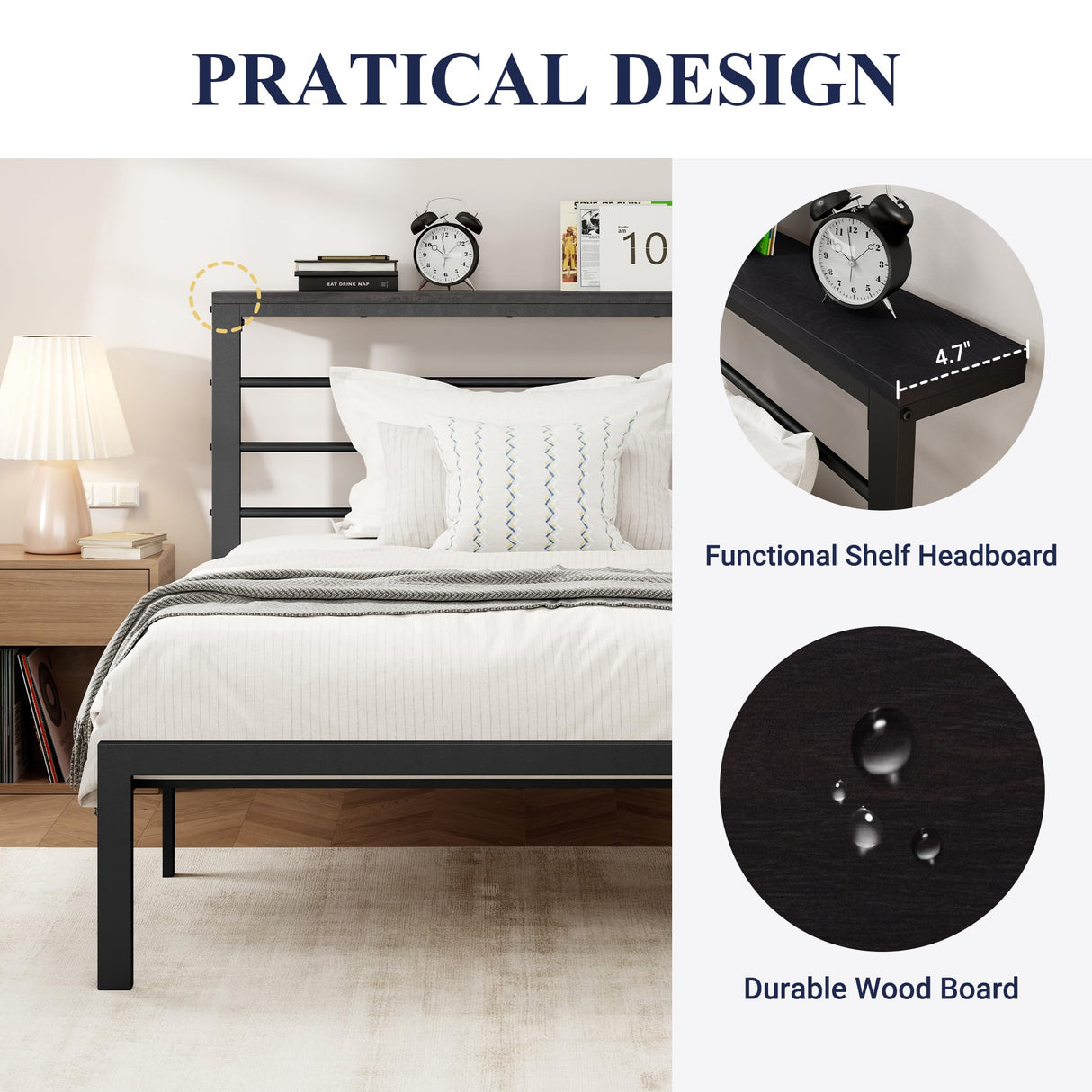 4.7" Headboard Shelf, Heavy-Duty Platform Bed Frame