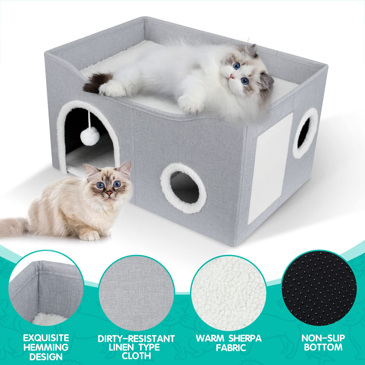 Cat House for Indoor Cats - Large Cat Bed Cave with Fluffy Ball and Scratch Pad